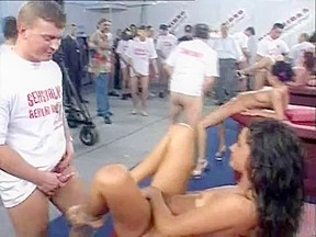 Public sex orgy with hot babes in a huge warehouse