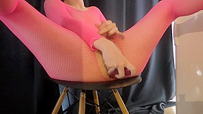 Chair dildo fuck in pink fishnet...