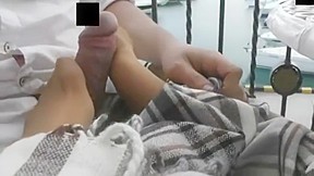 Under table sexy footjob with stockings and big cu