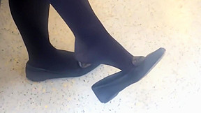 Candid Feet Dangling Shoeplay Black Tights Nylons...