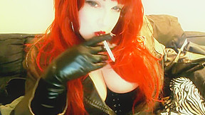Red Dyed Hair Goth Smoking Cigarette...