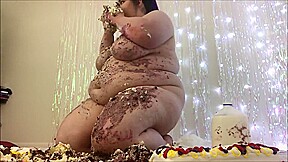 Bbw piggy eating 2 cakes...