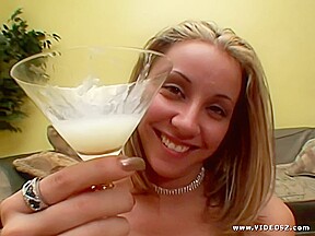 Lusty Blonde Is Drinking Fresh Cum From A Martini Glass After Sucking Dicks And Getting Fucked...