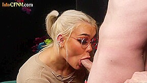 Nerdy cfnm blonde blowing cock at...