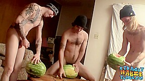 Straight inked guys fuck watermelons until...