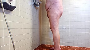 Chubby gay goes to shower...