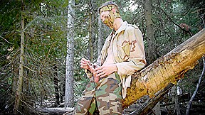 Soldier Sounding His Hung Cock Wilderness Near A Fallen Tree...