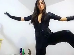 Sexy catsuit plays...