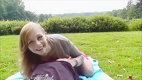 Red Skirted Girl Rides Her Guy To Creampie In Public Park...