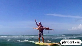 Babes strip try out surf boarding...