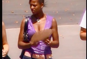 Candid boobs: slim busty black women (purple brown tops) 4