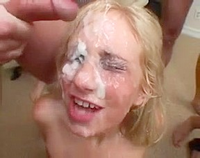 Blonde slut gets huge facial bukkake...