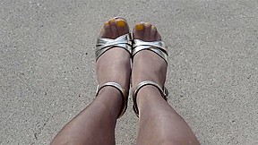 Outdoor yellow toes shiny pantyhose heels...
