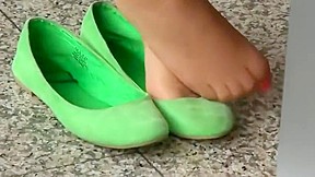 Candid nylon shoeplay in green ballet...