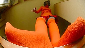 Giantess Orange Thigh High Socks Pov...