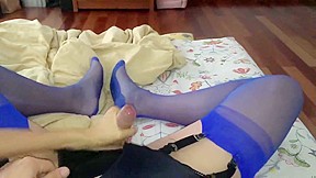Husband In Blue Stocking Leotard Gets From His Nylon Bitch...