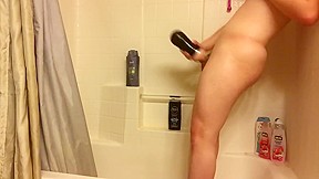 Chubby boy cums with toys shower...