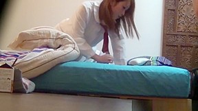 Japanese babe pees on bed...