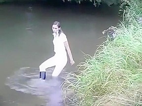 Girl Gets Wet In Creek In Riding Attire...