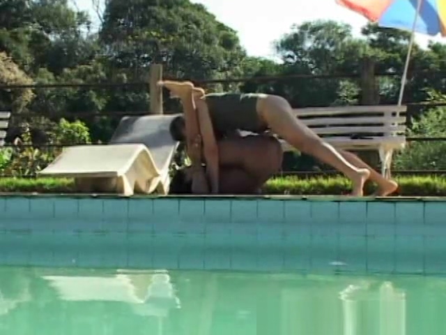 White guy and ample latina tranny fuck each other near pool