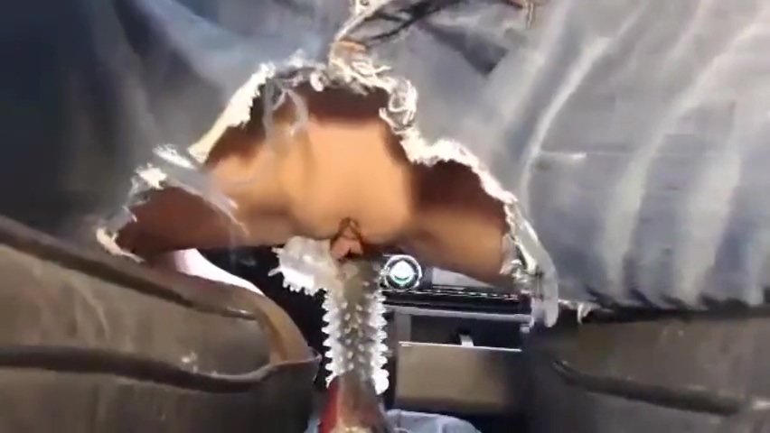 Pussy riding gear shifter with spiked rubber. Squirting in car!