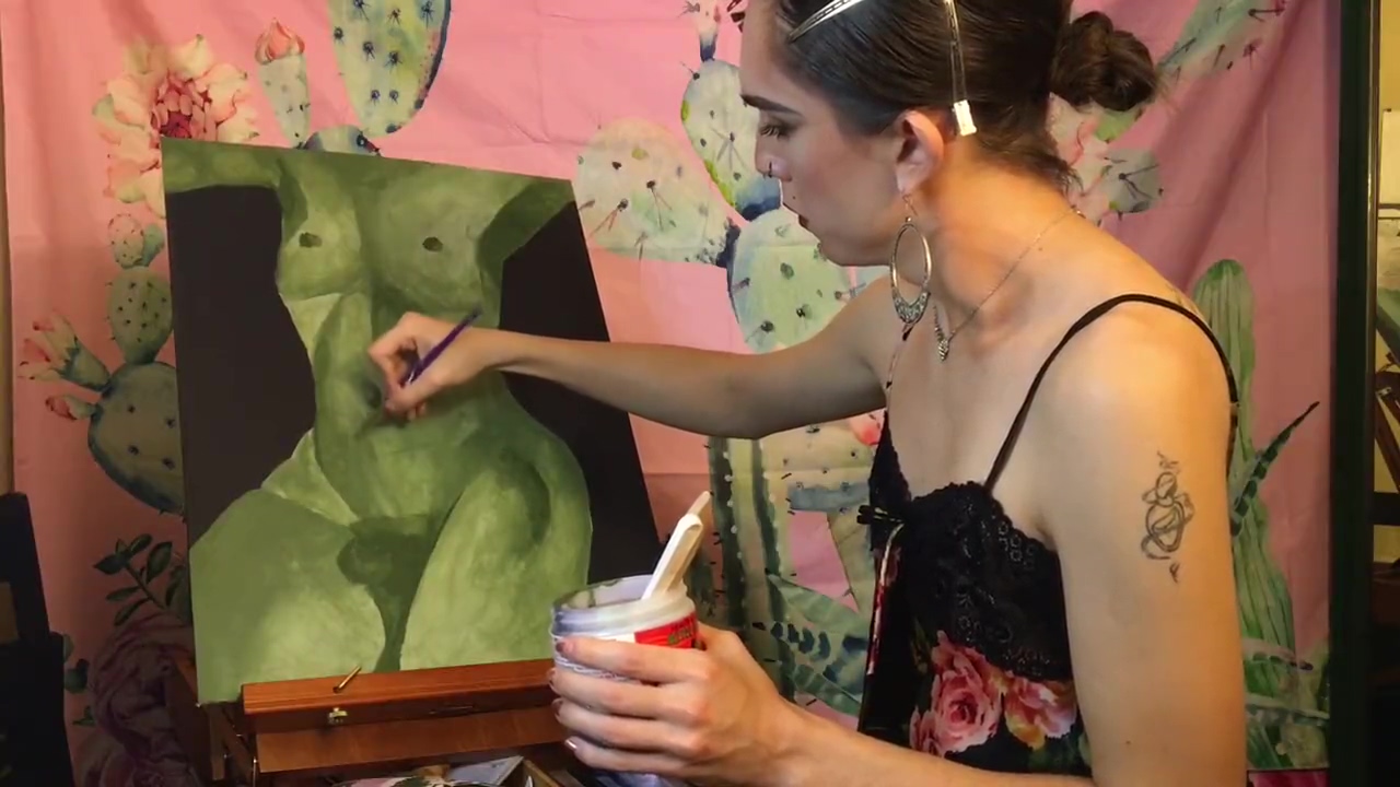 Beautiful Tgirl Paints Nude of Herself