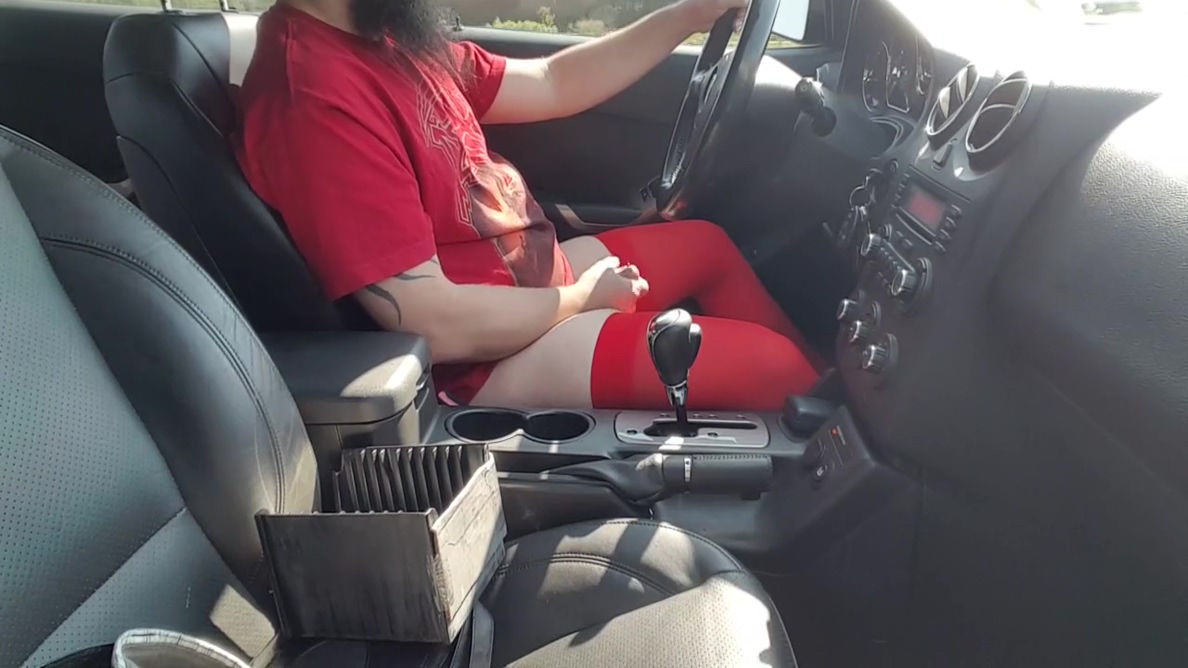 Driving And Stroking In Red Stockings