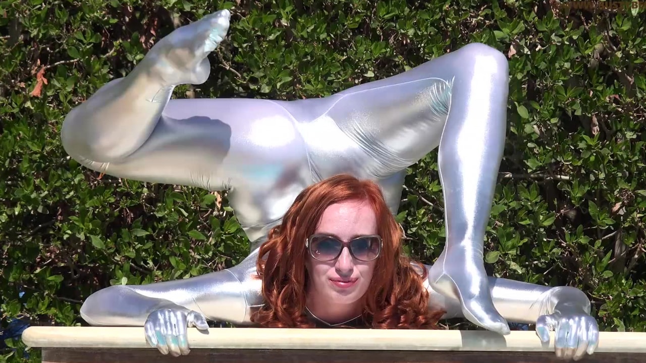 Solo Female with Big Tits in a Silver Spandex Fetish Suit