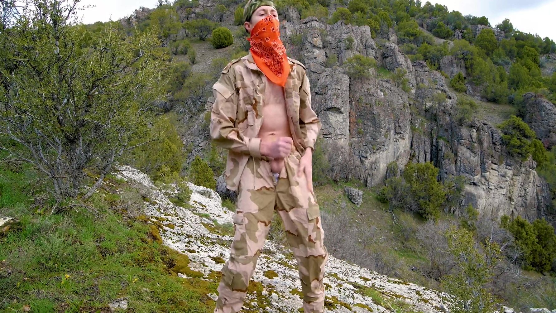 Gay American Soldier Wanks Himself On The Rocky Mountain Mountainside On A Warm Spring Day